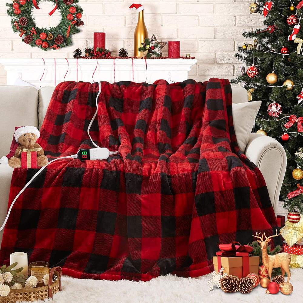 Electric Heated Sherpa Buffalo Plaid Christmas Throw 8 Heating Levels