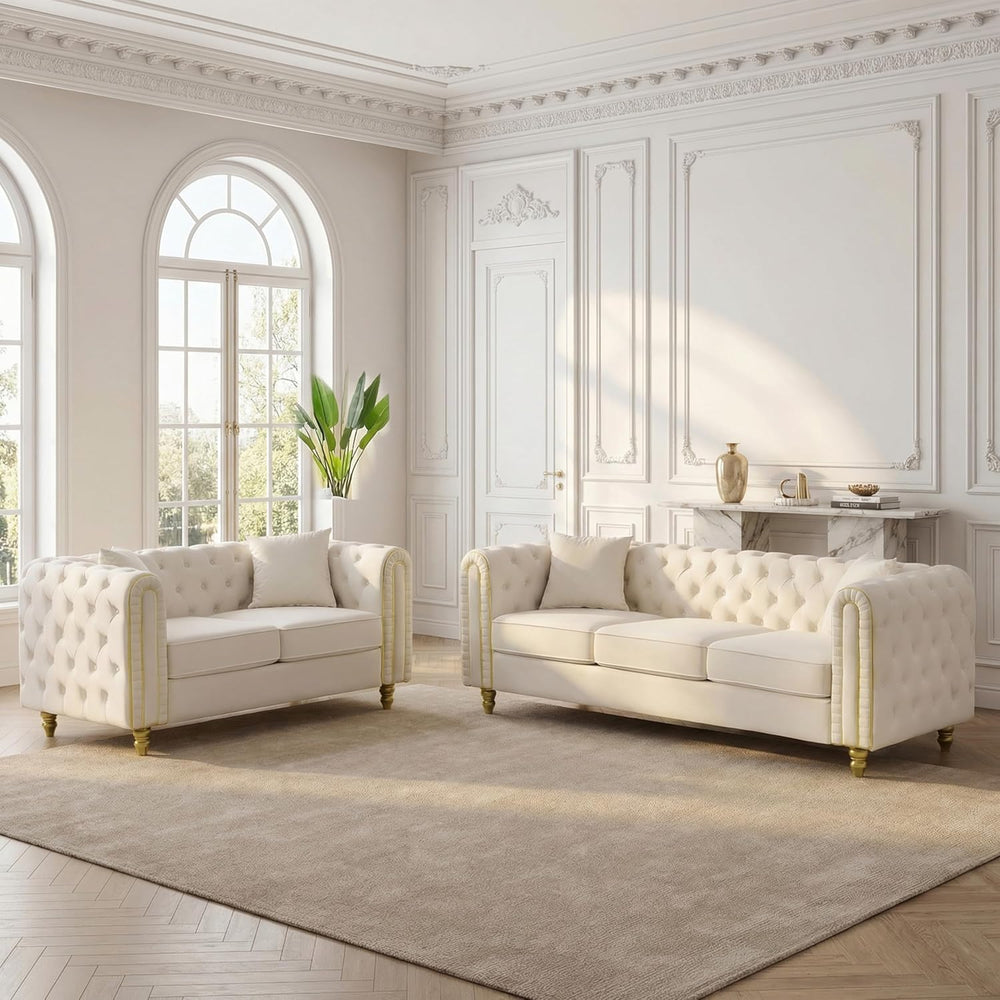 Chesterfield 86" 3-Seater + 63" Loveseat White Velvet Sofa Sets, 3+...