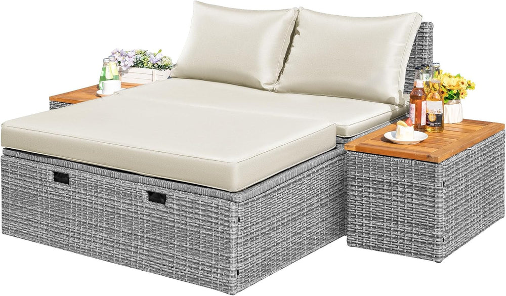 Flamaker Outdoor Rattan Daybed with 2 Side Tables, Wicker Patio Sofa
