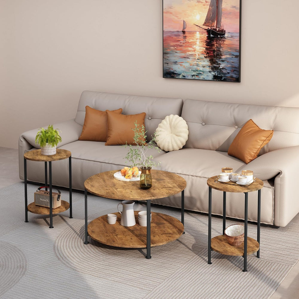 3 Piece Coffee Table Set, Round Coffee and 2 End Tables Rustic Brown | Round ...