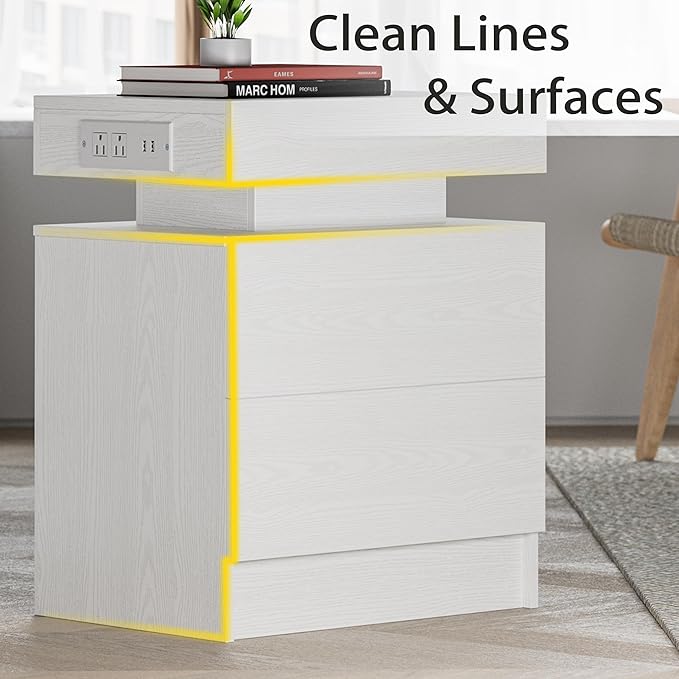 LIKIMIO Night Stand with Charging Station, Modern White Nightstand with LED L...