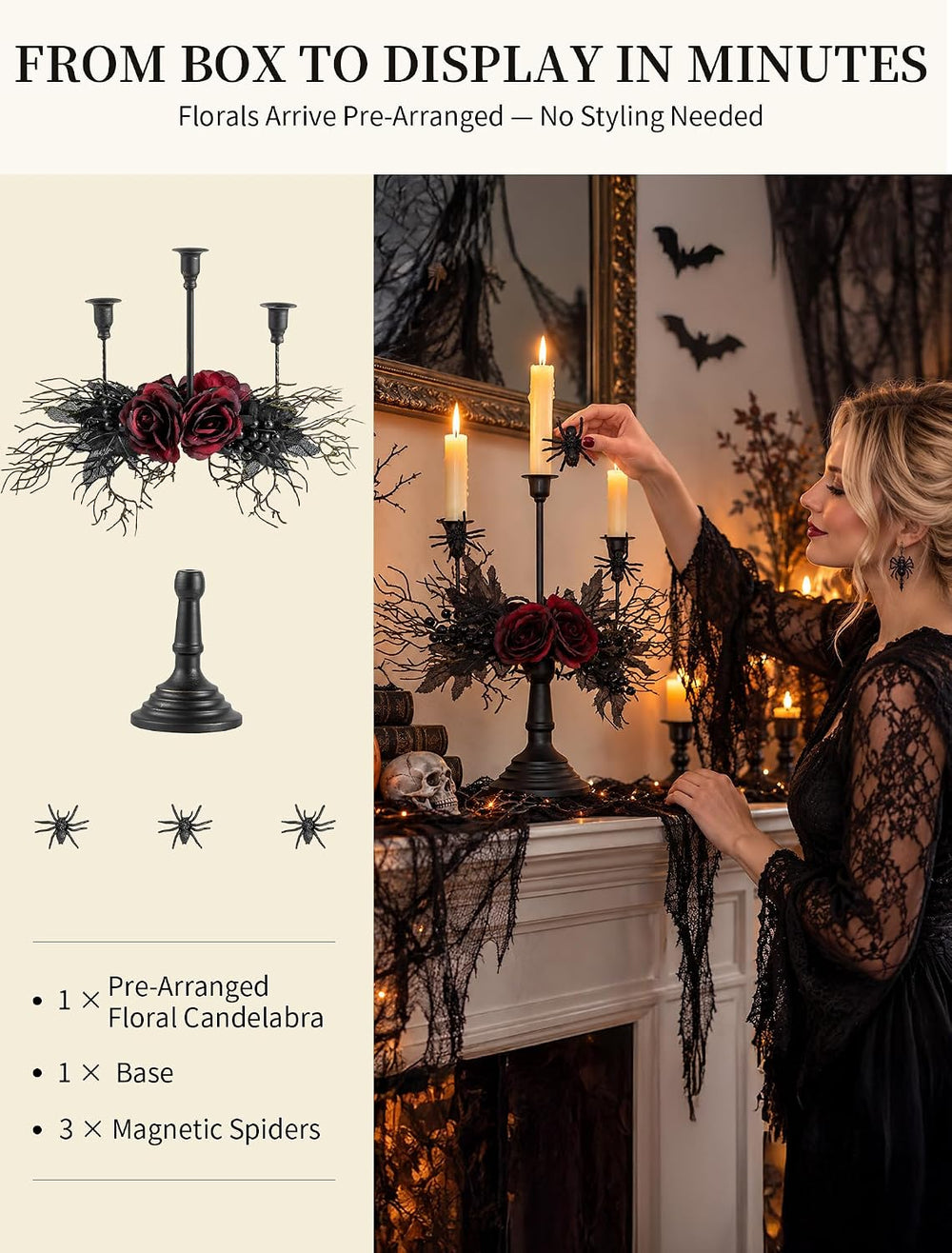 Romadedi Black Halloween Candelabra, Gothic Candlestick Holder, 15.7 in