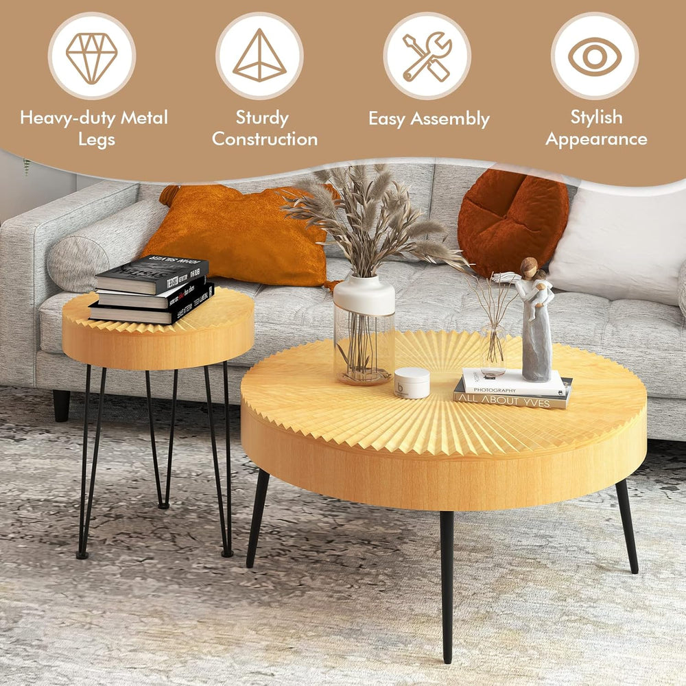 Giantex Boho Round Coffee Table Set of 2, Sofa Side Nesting Table with Solid ...