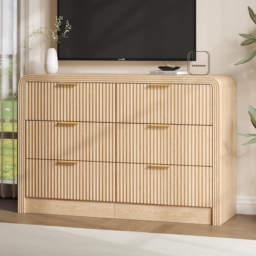 Decofy 47" W Fluted 6-Drawer Dresser for Bedroom, Natural Oak