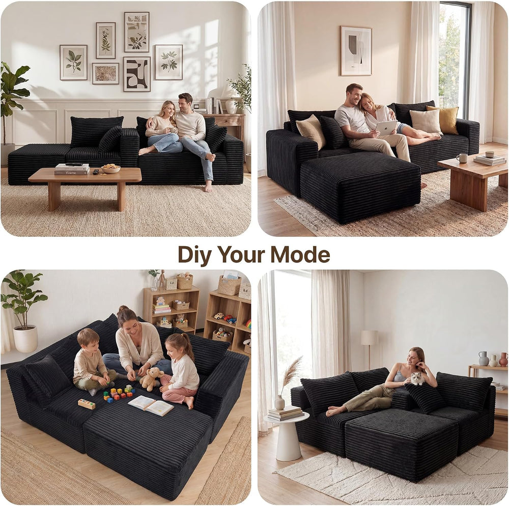 Claiks 94" Boneless Couch, L-Shape Corduroy Sectional Sofa, Black | Flex...