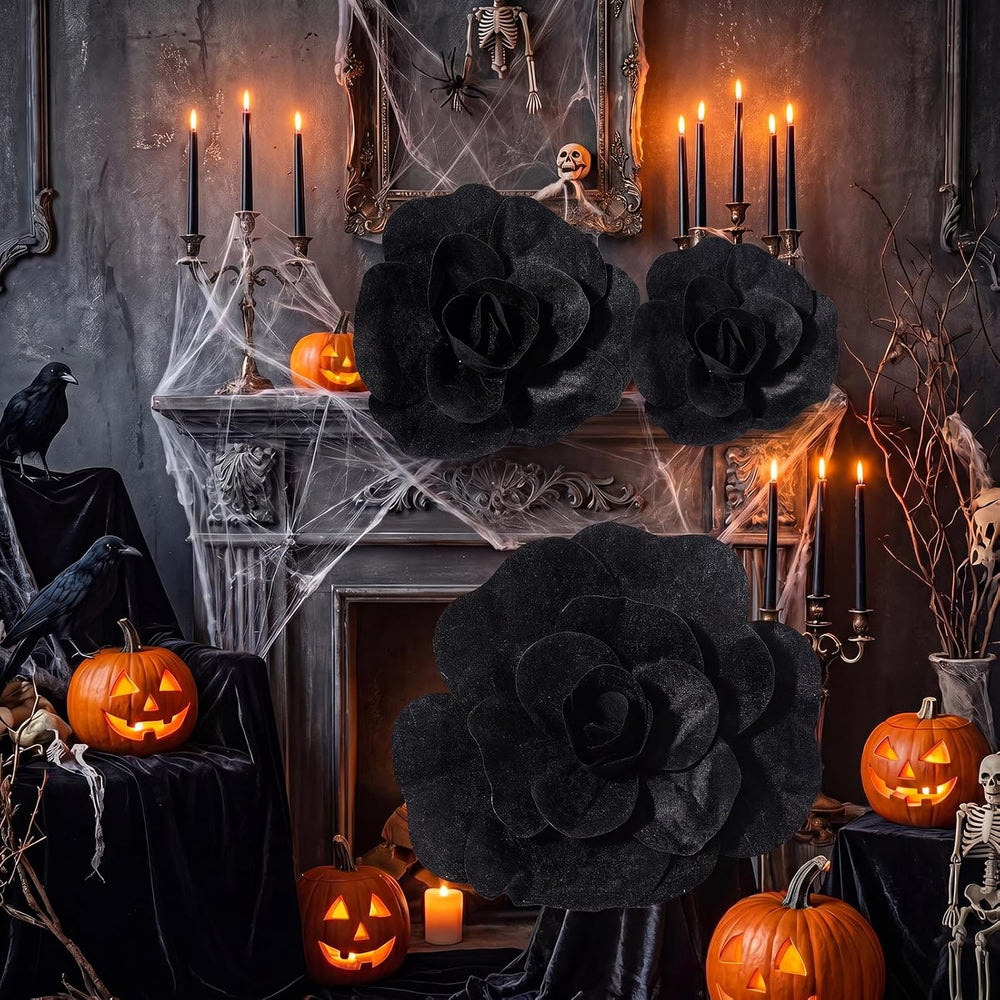Norme 3 Pcs Giant Black Artificial Flowers Roses Velvet, 12, 16, 20 Inch
