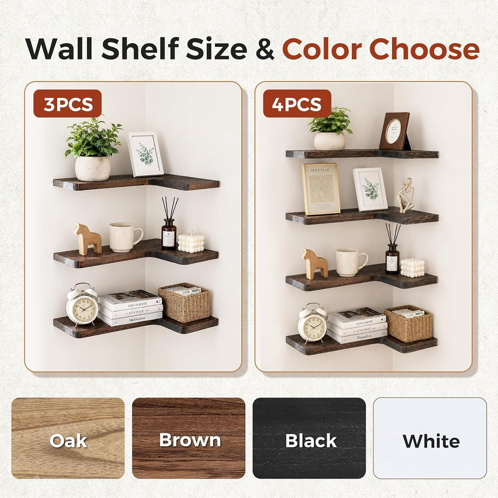 Solid Wood Corner Floating Shelves, L-Shaped, Brown, Set of 4