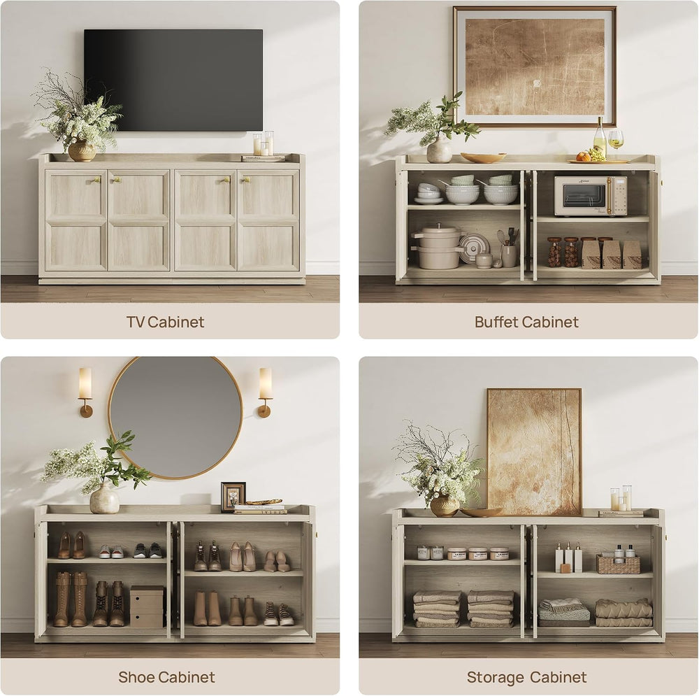 SICOTAS 61.7" 4-Door Buffet Sideboard Cabinet Living Room, Grey White Oa...