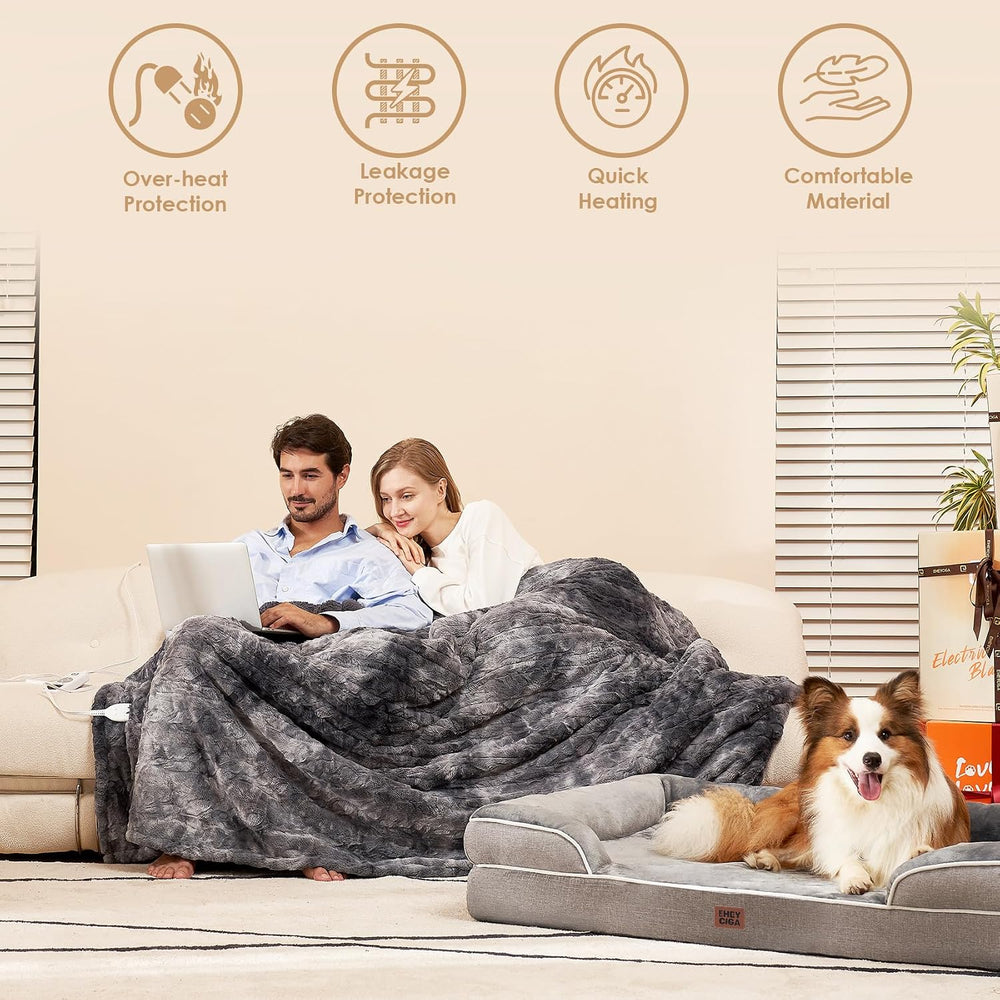 EHEYCIGA Electric Heated Queen Blanket, 9 Heat & 10H Auto-Off, Grey
