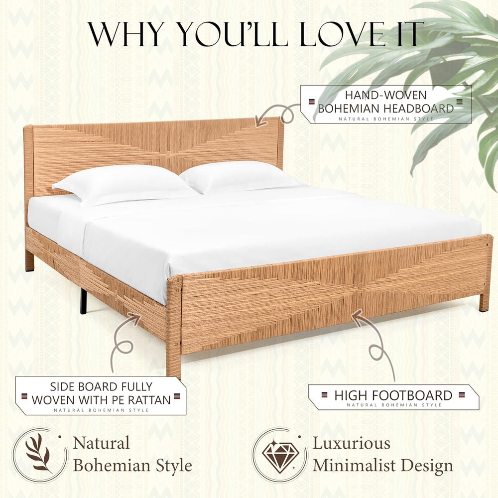 Hand-Woven PE Rattan King Bed Frame with Headboard and Footboard, Boho Mid Ce...