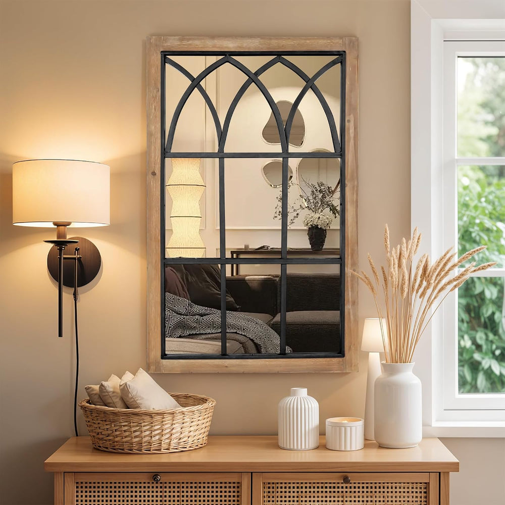 Rustic Window Mirror for Wall Decor, Wooden Frame Decorative Wall Mirror