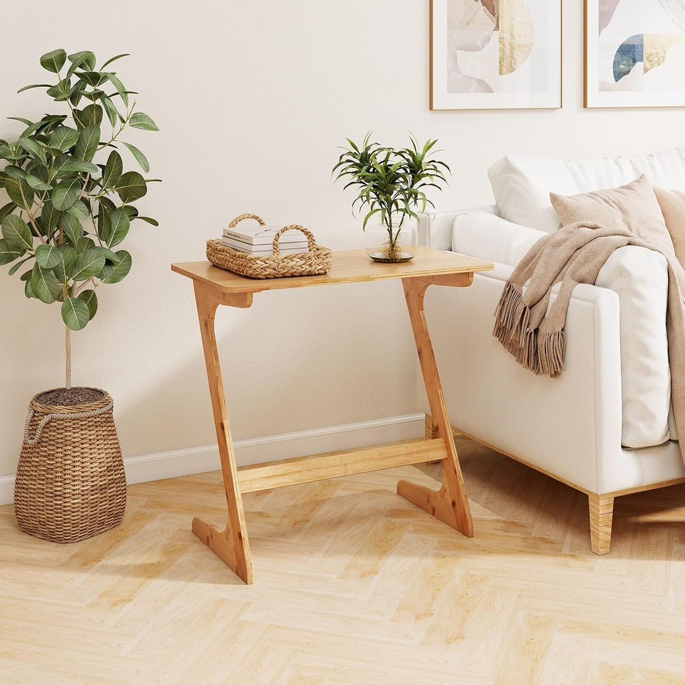 Giantex Bamboo TV Tray Table Set of 2, Z Shaped Sofa Side Table for Eating Sn...