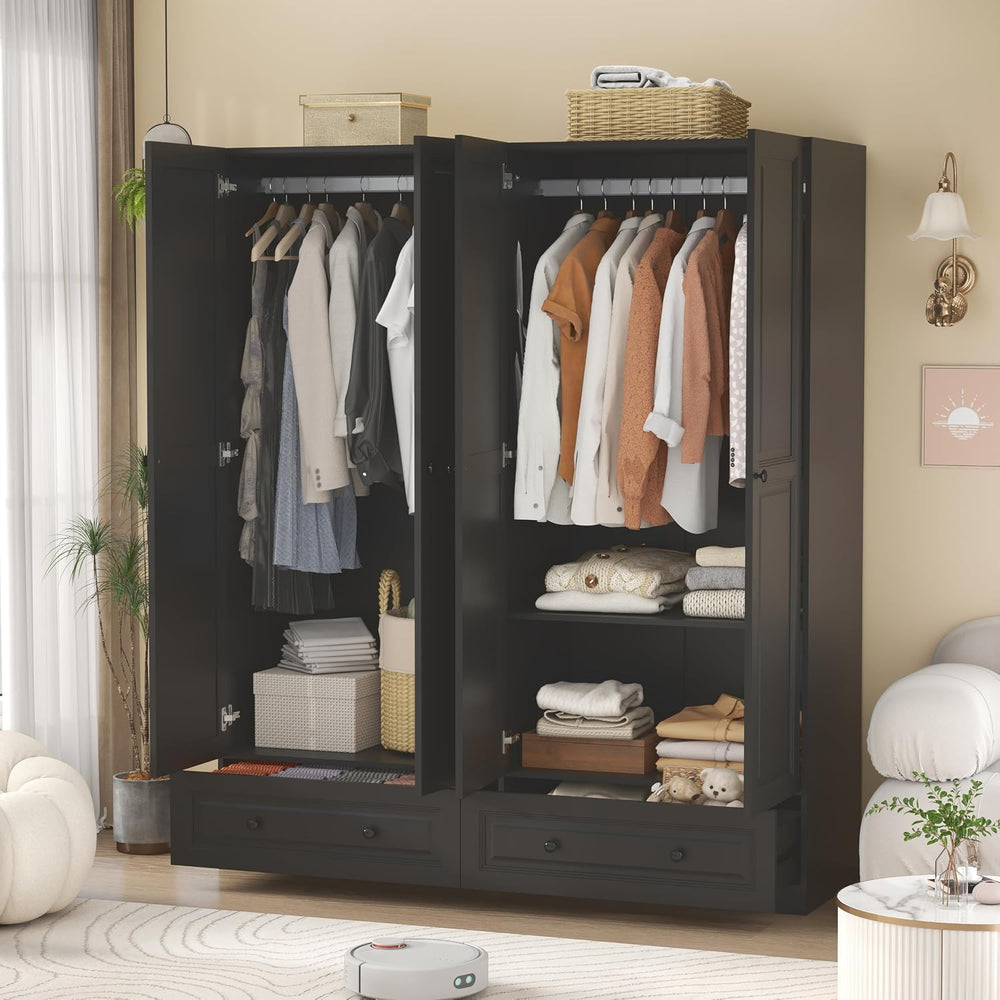 Black Armoire Wardrobe Closet with 2 Drawers, 74" Tall X 63" Wide