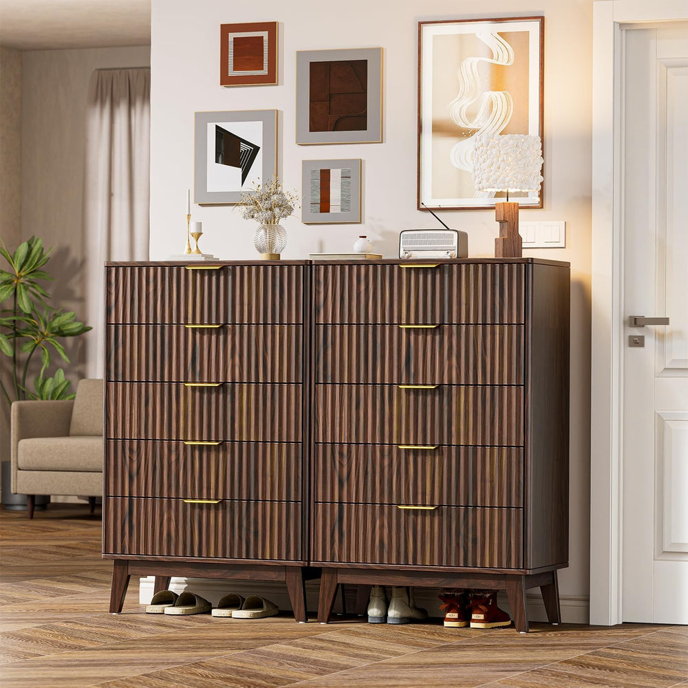 5-Drawer Dresser Fluted Drawers, Mid-Century, Walnut