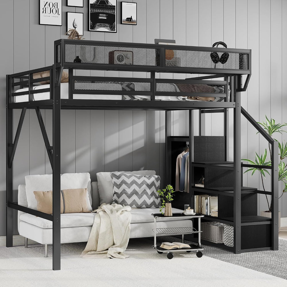 KEIKI Full Size Metal Loft Bed Frame with Convertible Staircase, Built-in Sto...