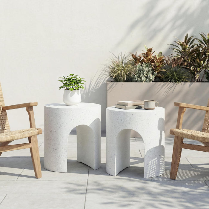 SUNBURY Outdoor Side Table, 16" W Concrete End Table Round w Arch Pedestal