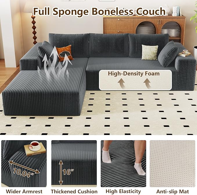 96" Modular Sectional Couch, Boneless L Shaped Cloud Sofa with Chaise Lo...