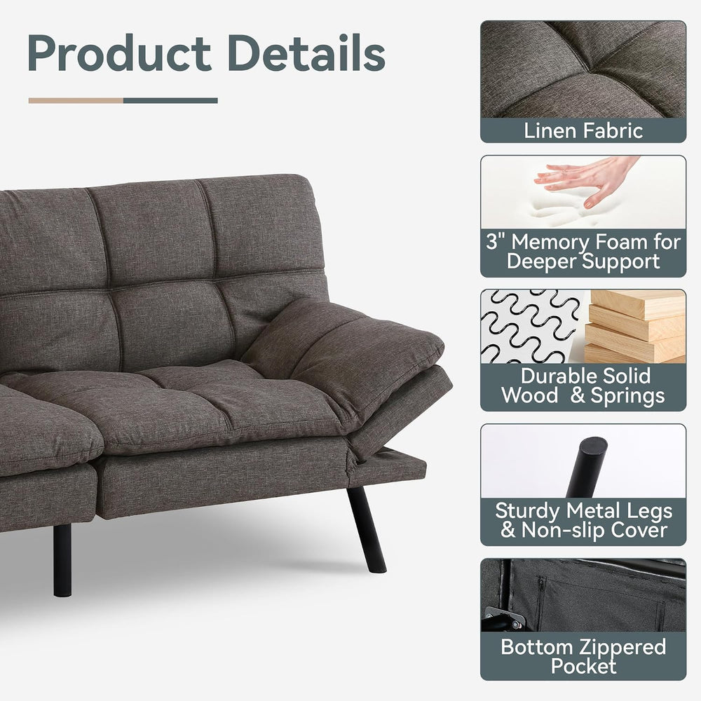 Futon Sofa Bed Convertible Couch, Grey Linen Sofa Bed