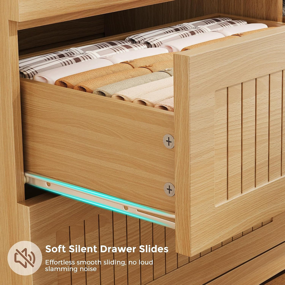 Fluted 6 Drawer Dresser, Wooden Chest of Drawers for Bedroom, Light Oak