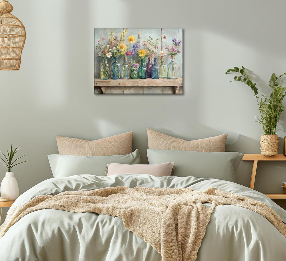 Farmhouse Flower Canvas Wall Art Wildflowers Bottles Wall Decor Rustic Plants...