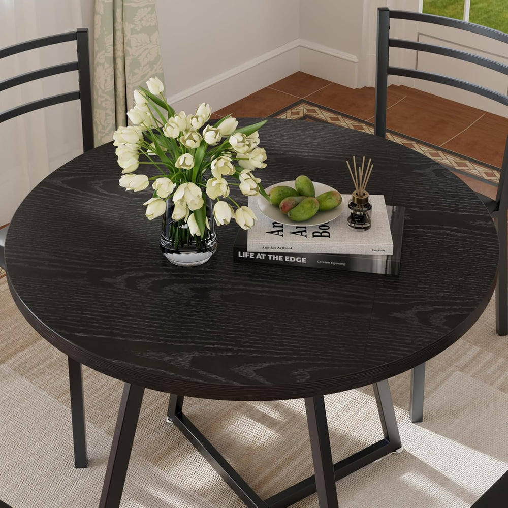 VECELO Round Dining Room Table with Wood Grain Tabletop and Steel Frame, for ...