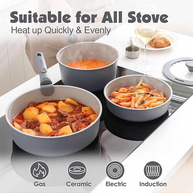 SENSARTE 24 Piece Ceramic Pots and Pans Set, Nonstick Detachable Handle Cookware
