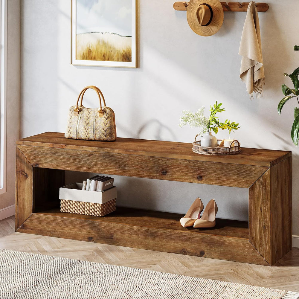 Solid Wood Entryway Bench, 47" Rustic Farmhouse Indoor Bench Seat with S...