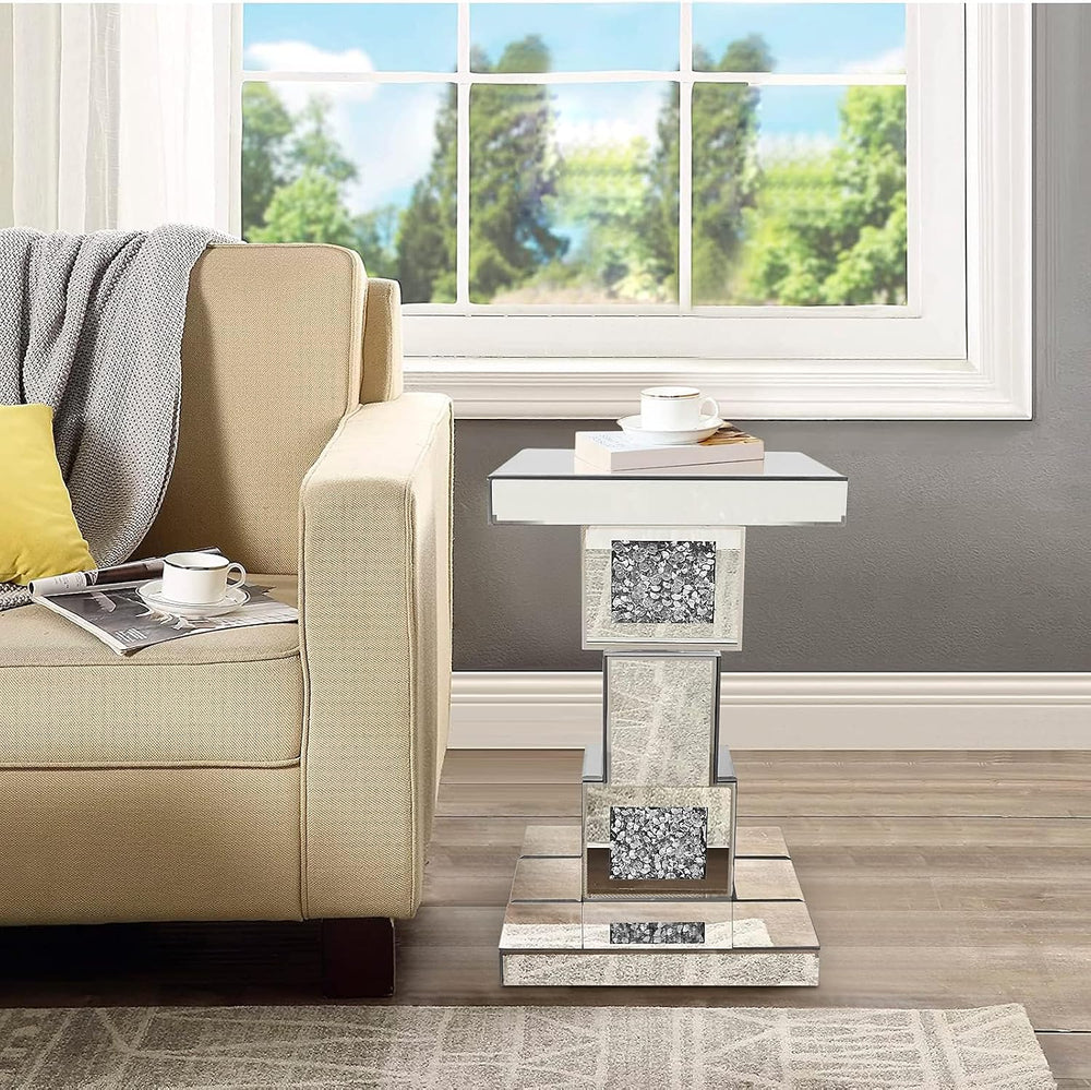 Silver Mirrored End Table With Crystal Inlay, Modern Side Table Accent Table,...