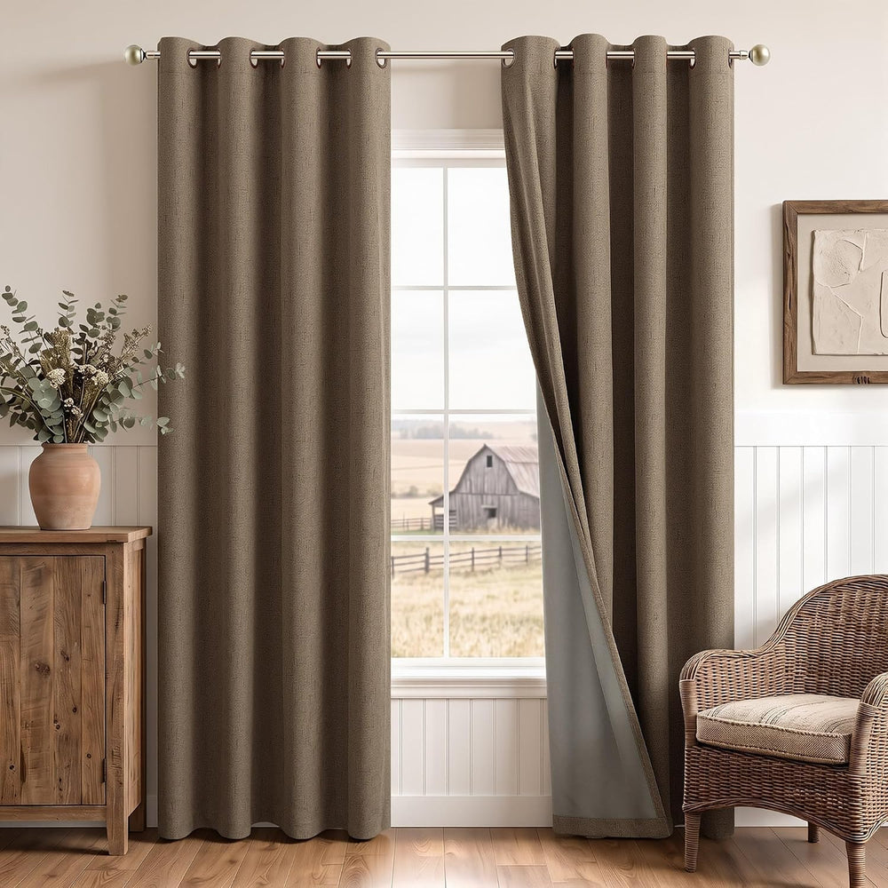 Brown 100% Blackout Curtains 84 Inches Long Burlap Drapes 2 Panels 52x84