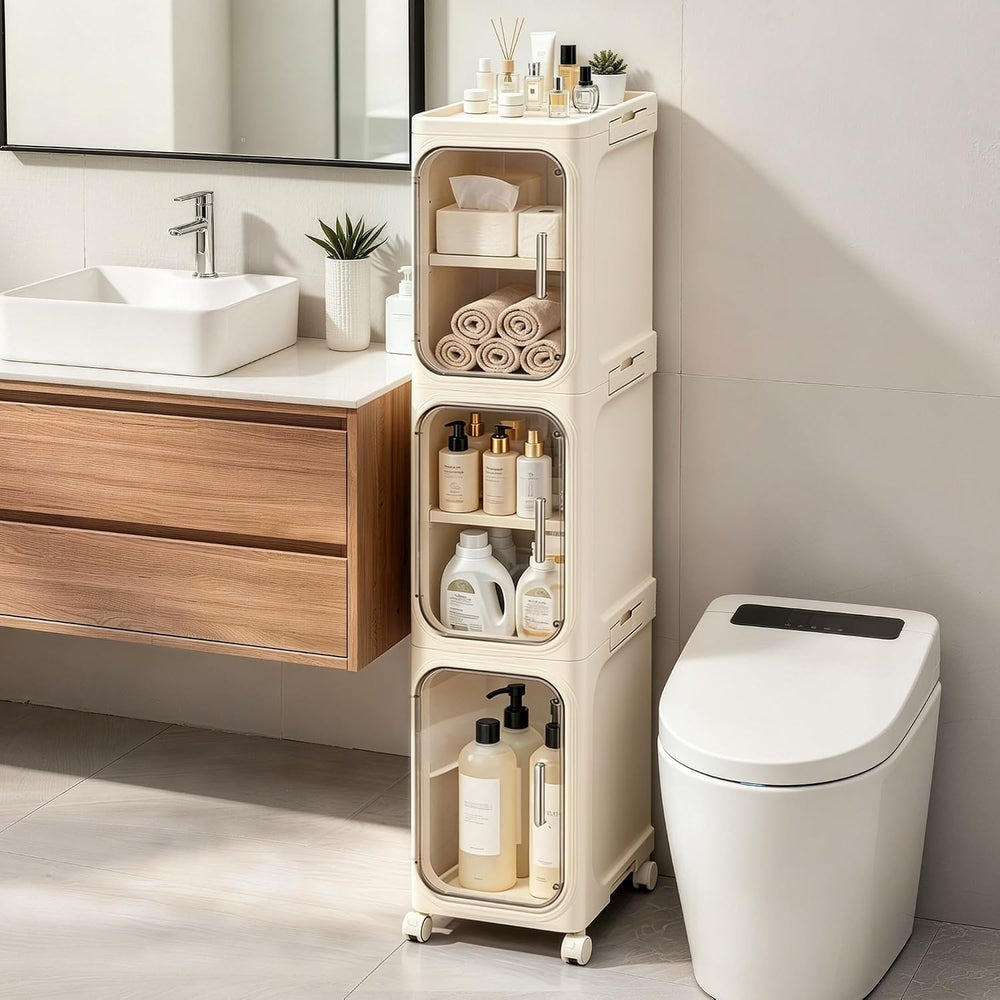 3-Tier Slim Narrow Bathroom Storage Cabinet, Cream White | Tool Free Assembly...