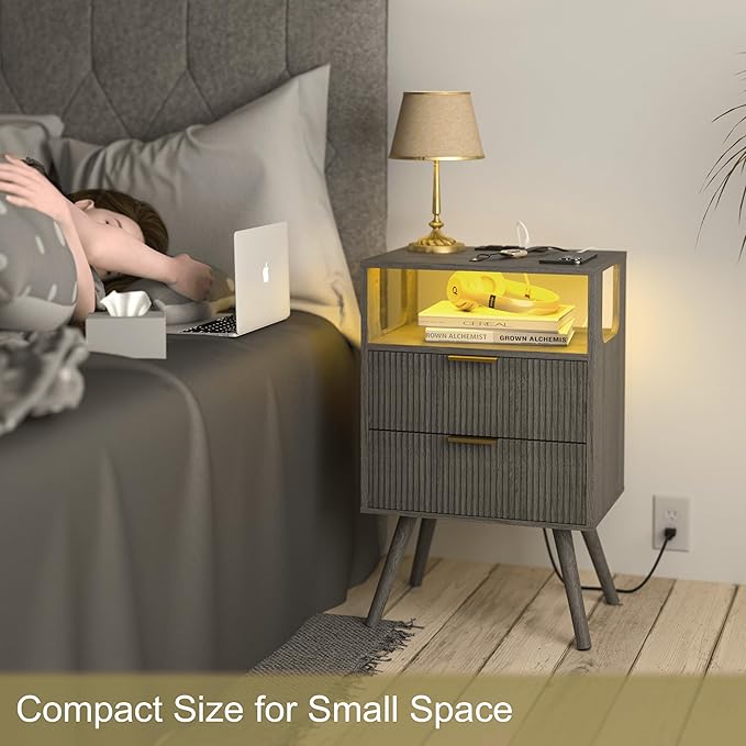 Nightstand with Charging Station and LED Lights,Modern Bedside Table with 2 S...