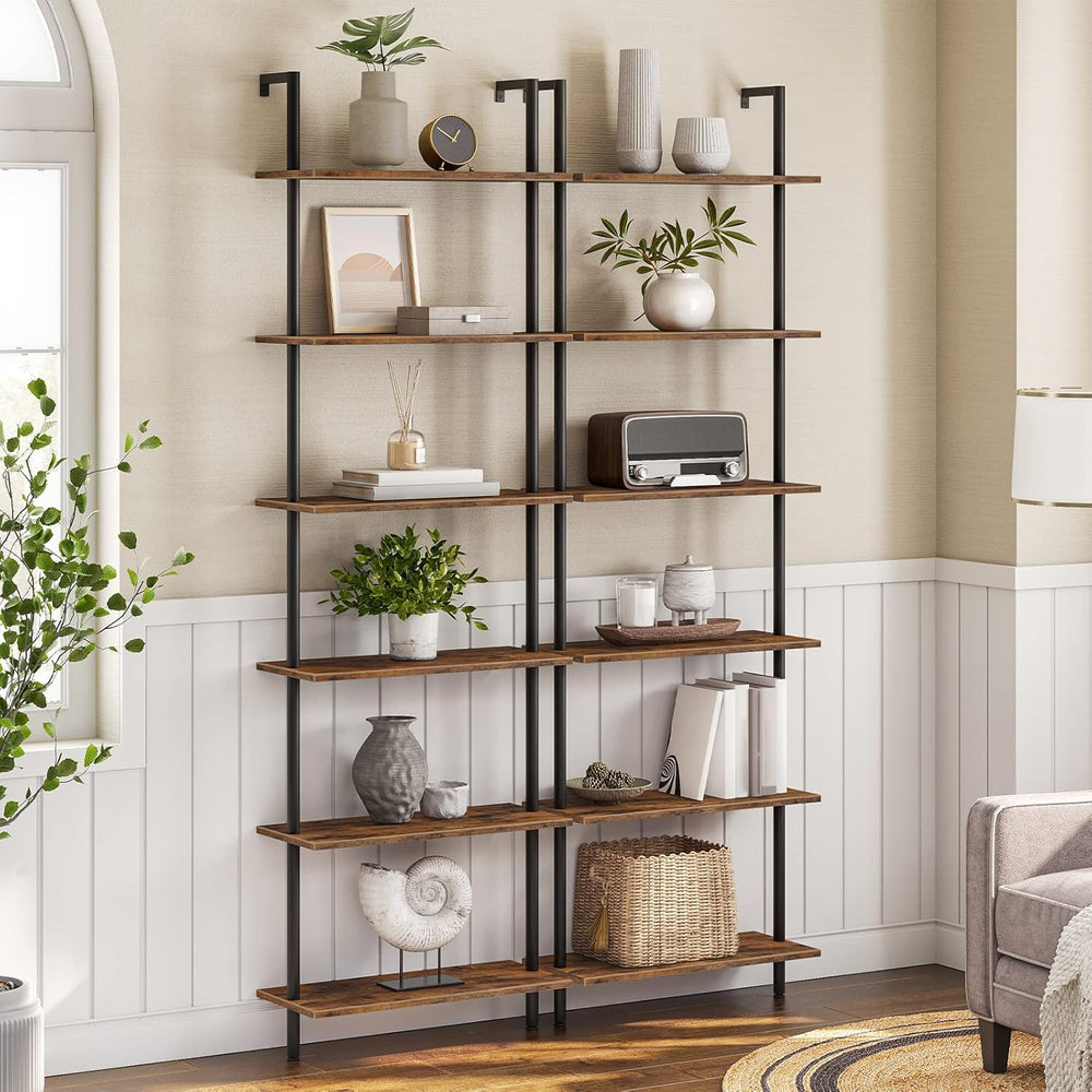 HOOBRO DIY Ladder Shelf, 6-Tier Wall Mounted Bookshelf, Office Vertical Bookc...
