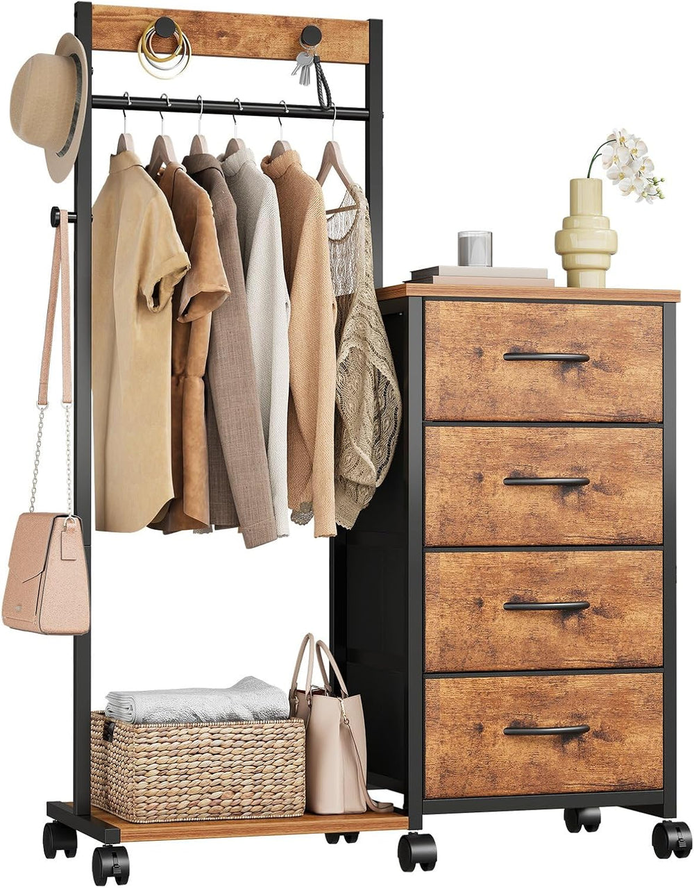 YeTom Tall Dresser 45.8''H with Hanging Rack&4 Drawers,Small Clos...