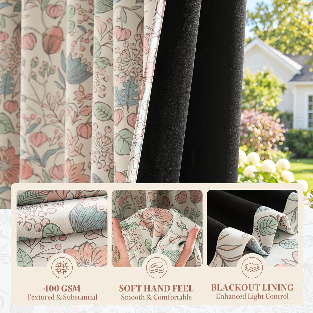 JINCHAN Pink Blackout Curtains Floral Drapes Farmhouse 84 Inch 2 Panels