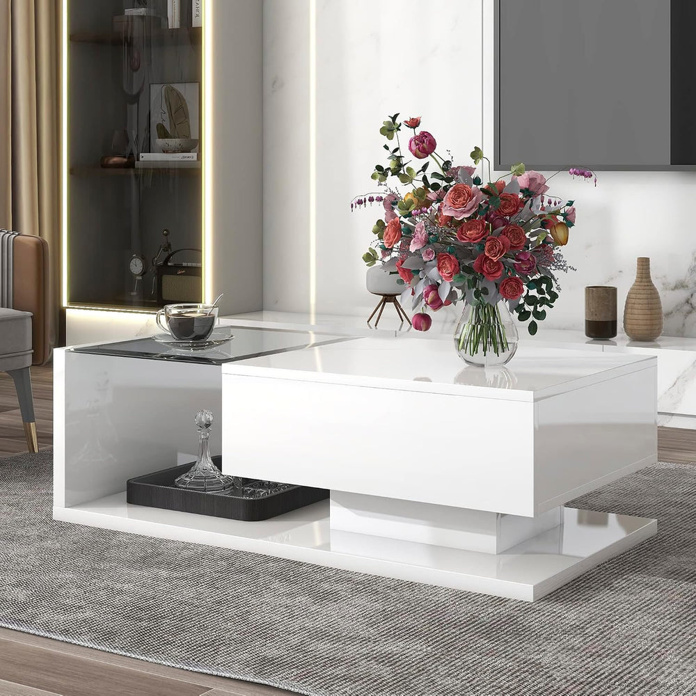 Modern Coffee Table with Tempered Glass, Wooden Cocktail Table with High-Glos...