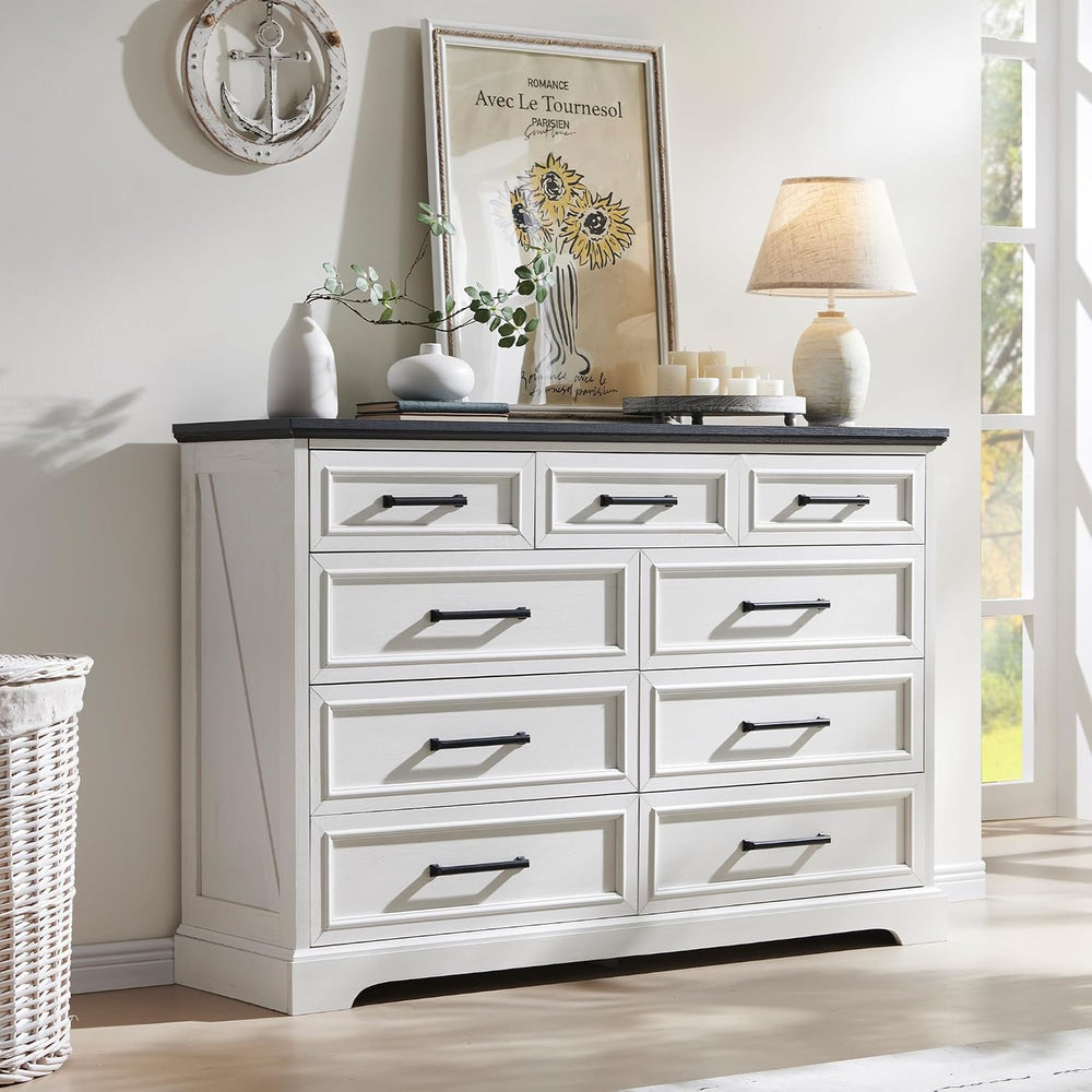 52" Wide Farmhouse 9 Drawer Dresser for Bedroom, Off White