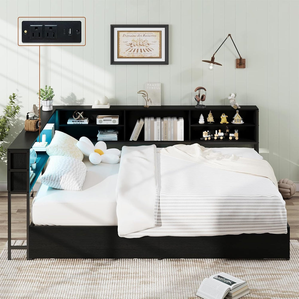 Full Size Corner Bed Frame with 2 Storage Drawers Black | Metal Platform Bed ...