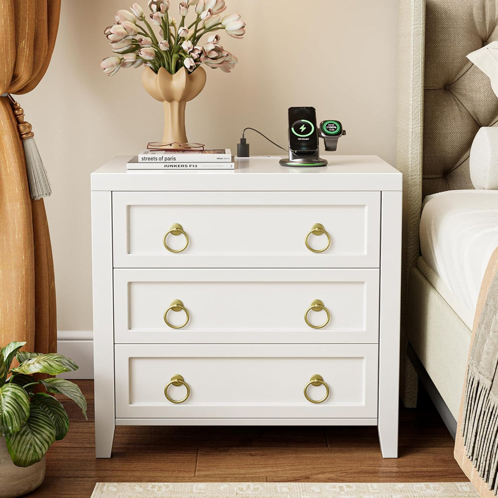 Huuger 23.6 Inch Night Stand with Charger Station and USB-C Port, 3 Drawer Ni...
