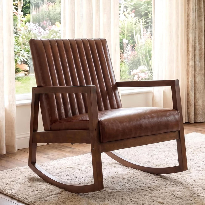 VESCASA Brown Leather Rocking Chair Mid-Century Modern