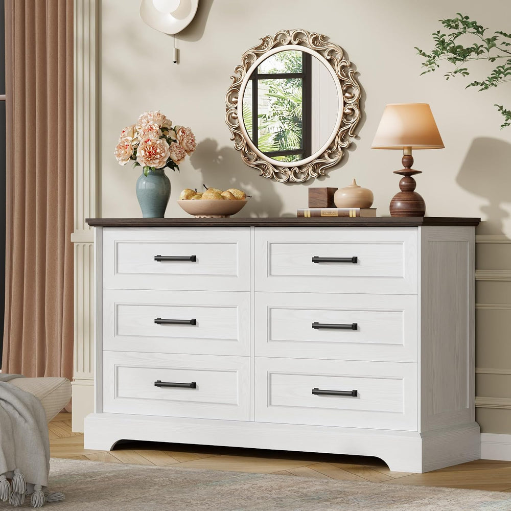 Furmax Farmhouse Dresser for Bedroom, 6 Drawers Dresser, White & Brown