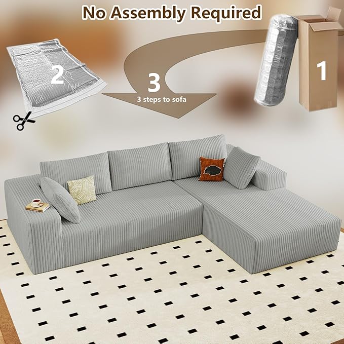 96" Modular Sectional Couch, Boneless L Shaped Cloud Sofa with Chaise Lo...
