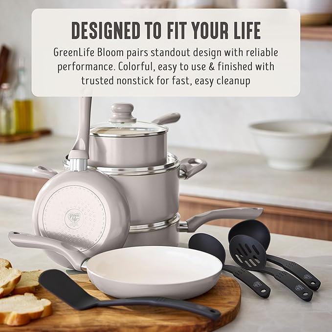 GreenLife 16-Piece Nonstick Cookware Set, Non-Toxic Ceramic Pots and Pans Set