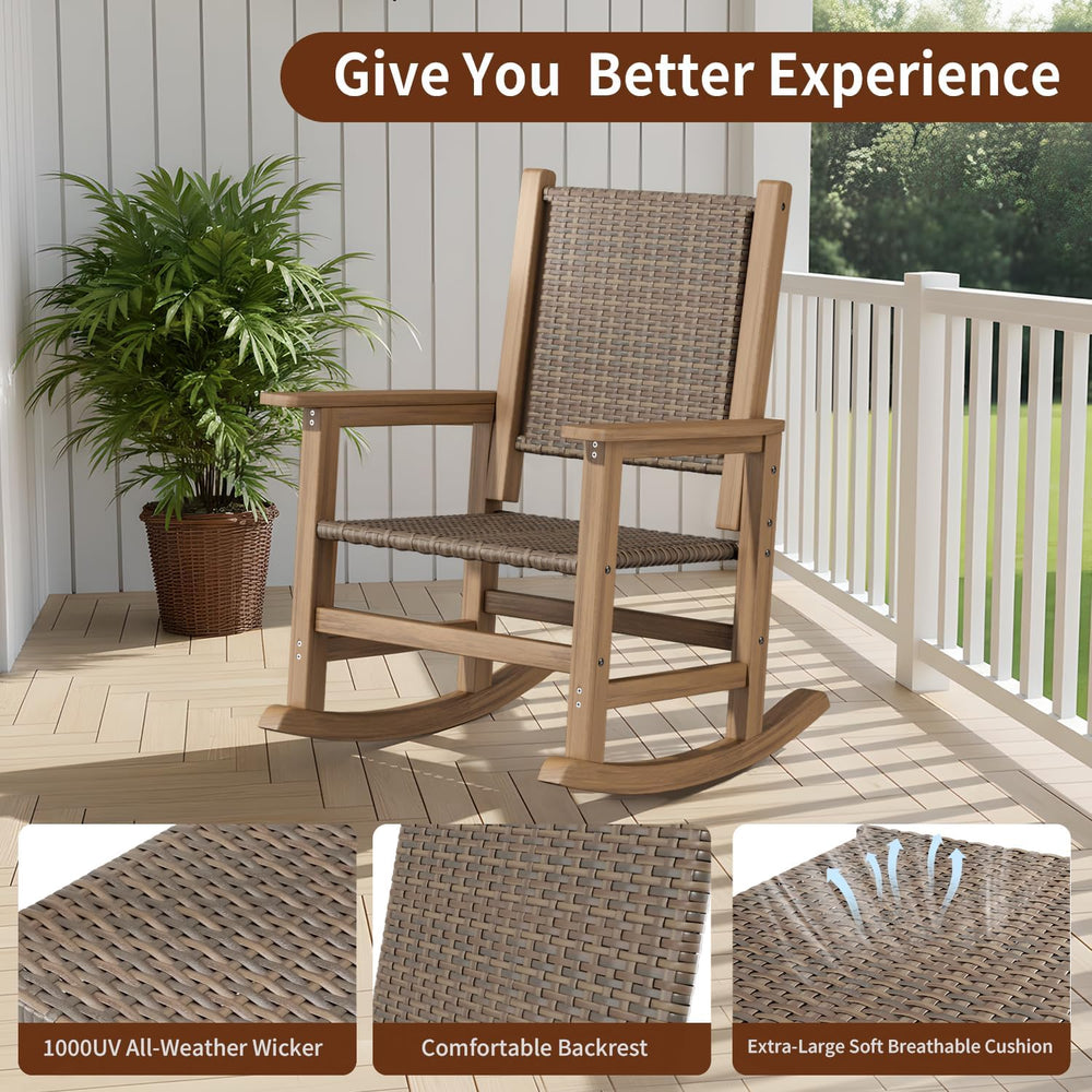 HDPE Outdoor Rocking Chair, All-Weather Wicker Porch Rocker, Brown