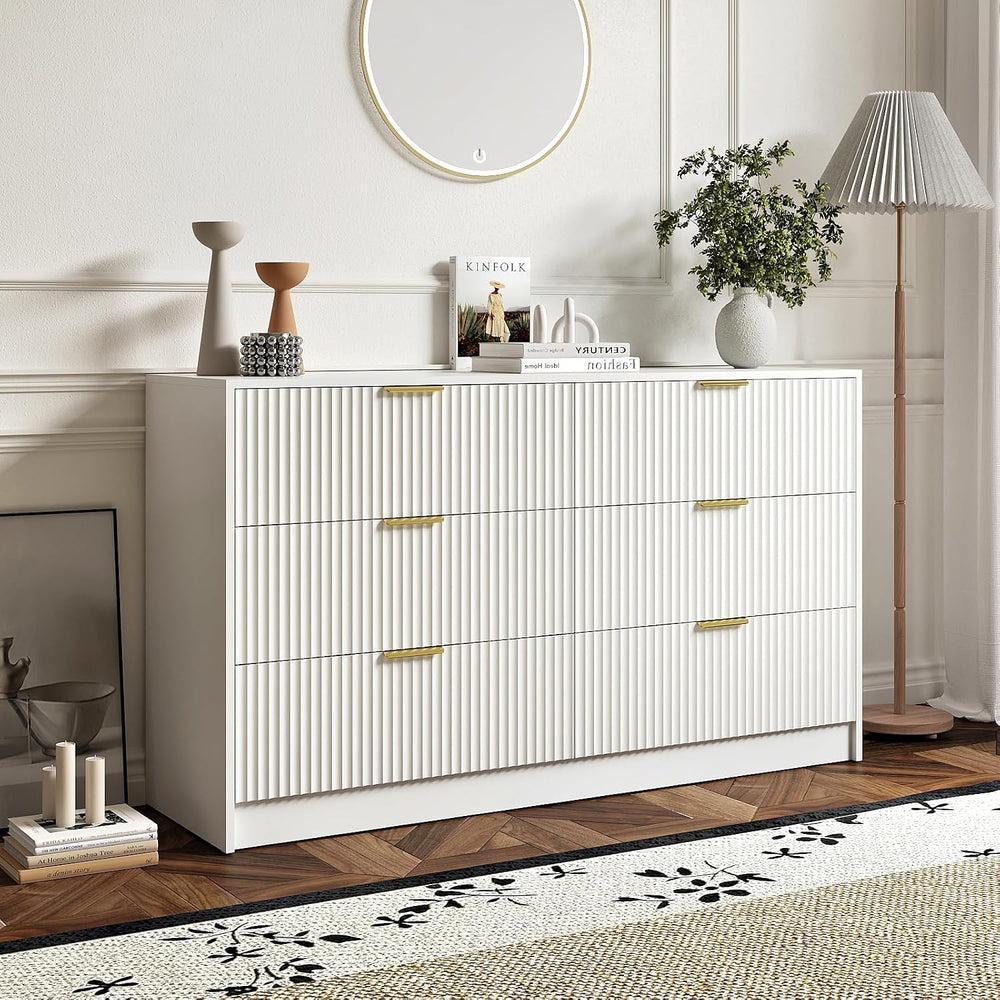 3-Piece Modern Bedroom Furniture Set, White丨6-Drawer Dresser & 1-Drawer N...