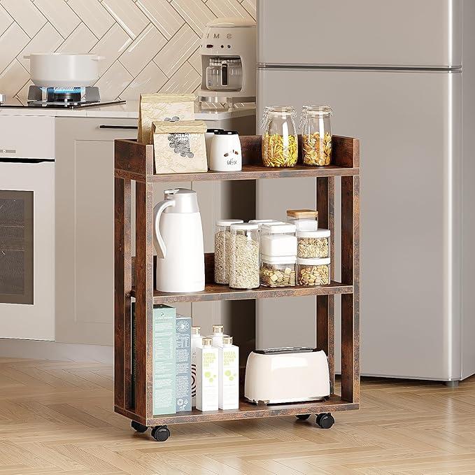 ALISENED 3 Tier Nightstand with Wheels, Wood Small Bookshelf and Bookcase, Fa...