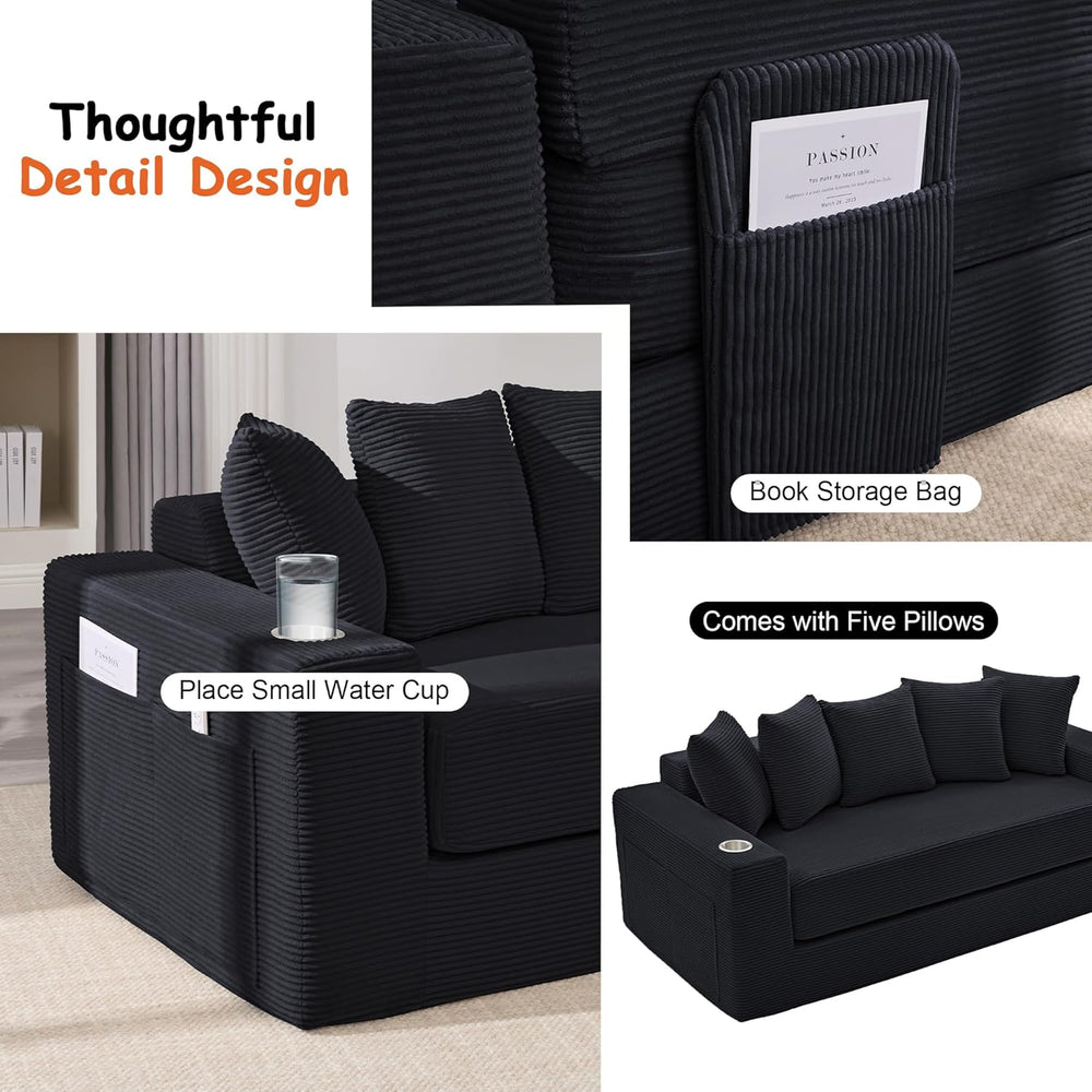 76" Convertible Sofa Bed, Corduroy Boneless Couch with Cup Holders &...