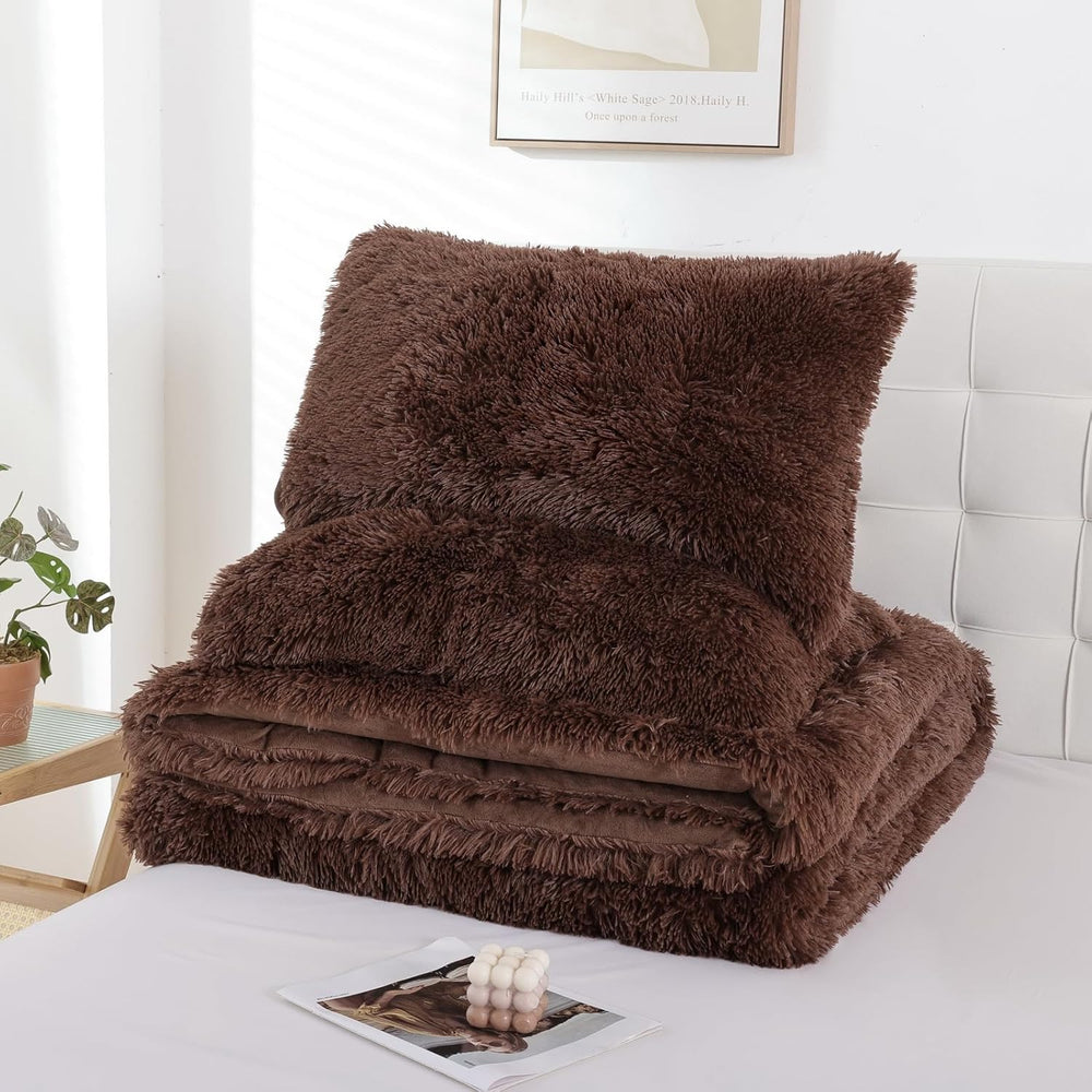 Smoofy Fluffy Queen Comforter Set, Brown Faux Fur Comforter Set 3 Pieces