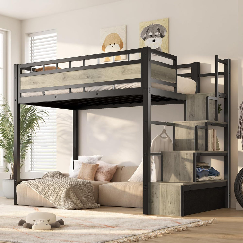 Twin Loft Bed with Stairs, Heavy Duty Metal with Storage, Black