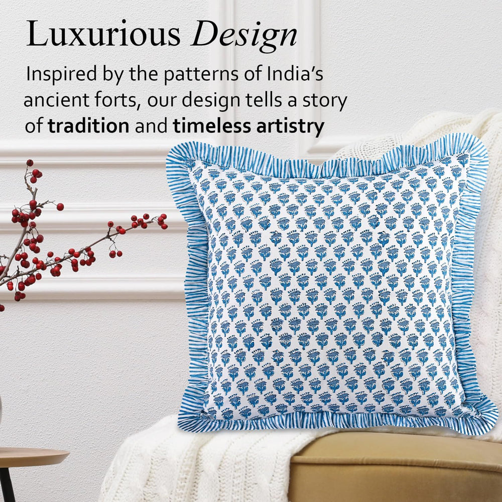 CPC Apatite Blue Block Print Ruffle Pillow Cover 18x18 Inch, Pack of 2