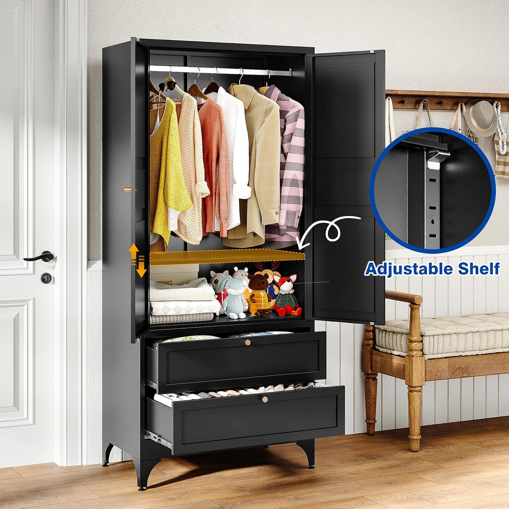 BYNSOE 71" Tall Metal Wardrobe Closet with 2 Drawers, Steel Armoire Cabi...